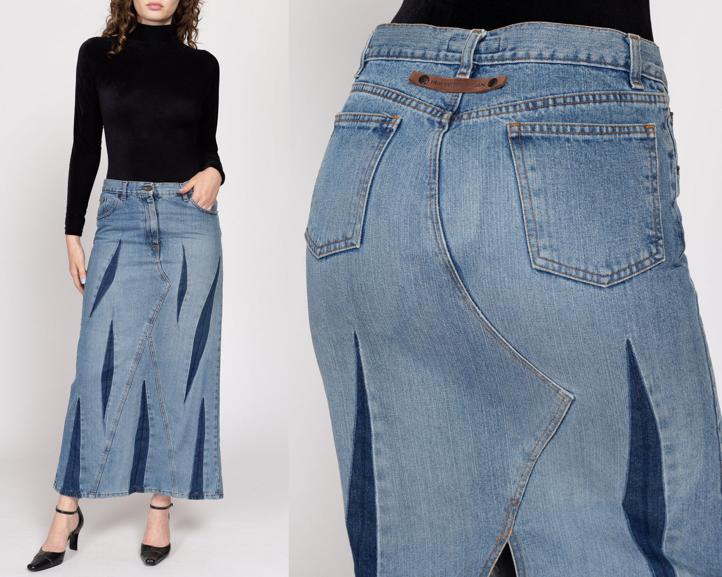 Medium 90s Bray Steve Alan Dagger Slit Denim Maxi Skirt | Vintage Grunge Long Blue Jean Mid Rise Skirt