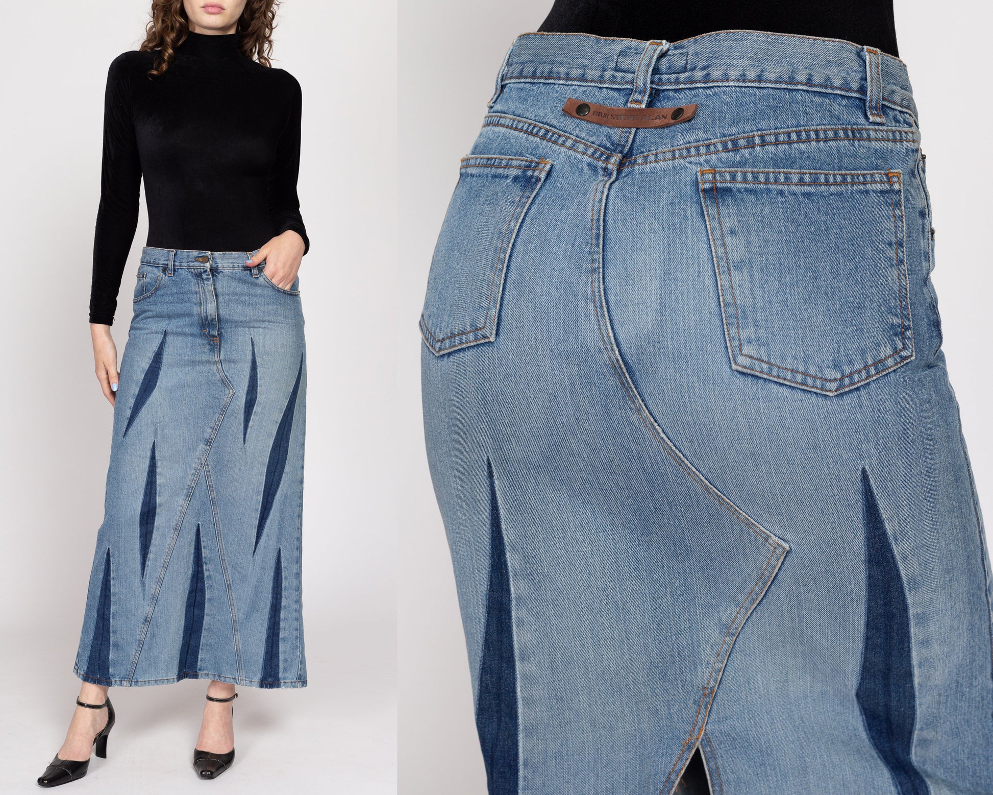 Medium 90s Bray Steve Alan Dagger Slit Denim Maxi Skirt | Vintage Grunge Long Blue Jean Mid Rise Skirt