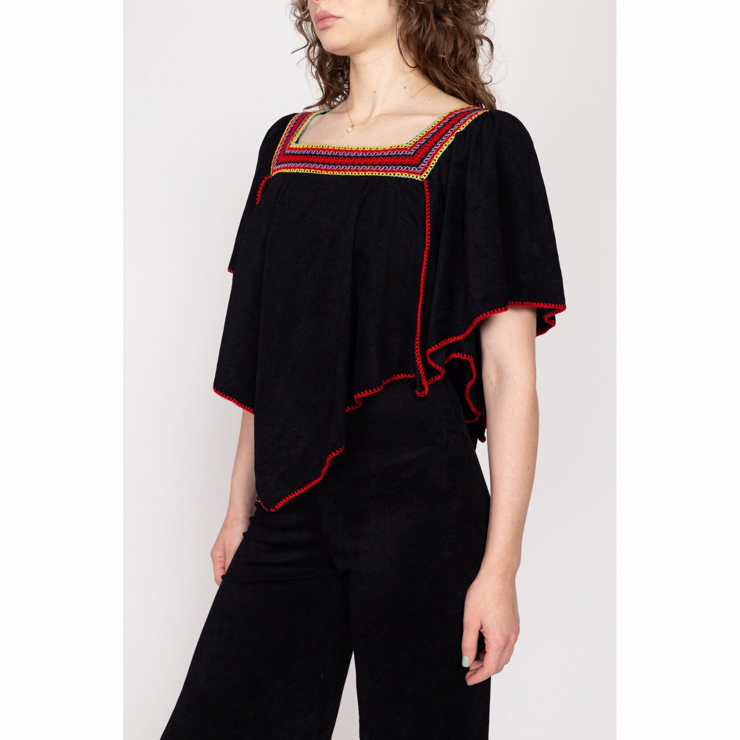 Small 70s Boho Black Velour Capelet Jumpsuit | Vintage Embroidered Trim Straight Leg Disco Pantsuit