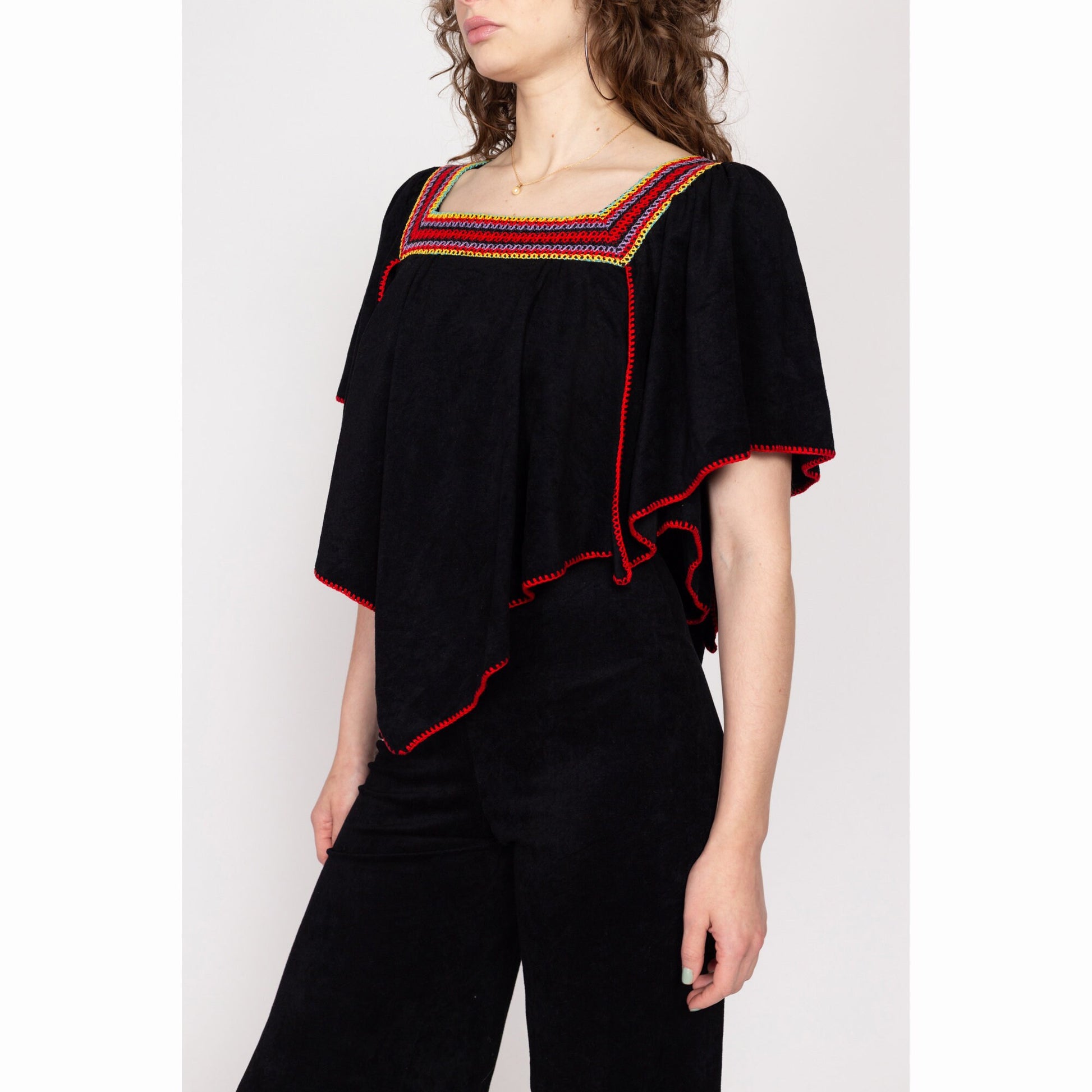 Small 70s Boho Black Velour Capelet Jumpsuit | Vintage Embroidered Trim Straight Leg Disco Pantsuit