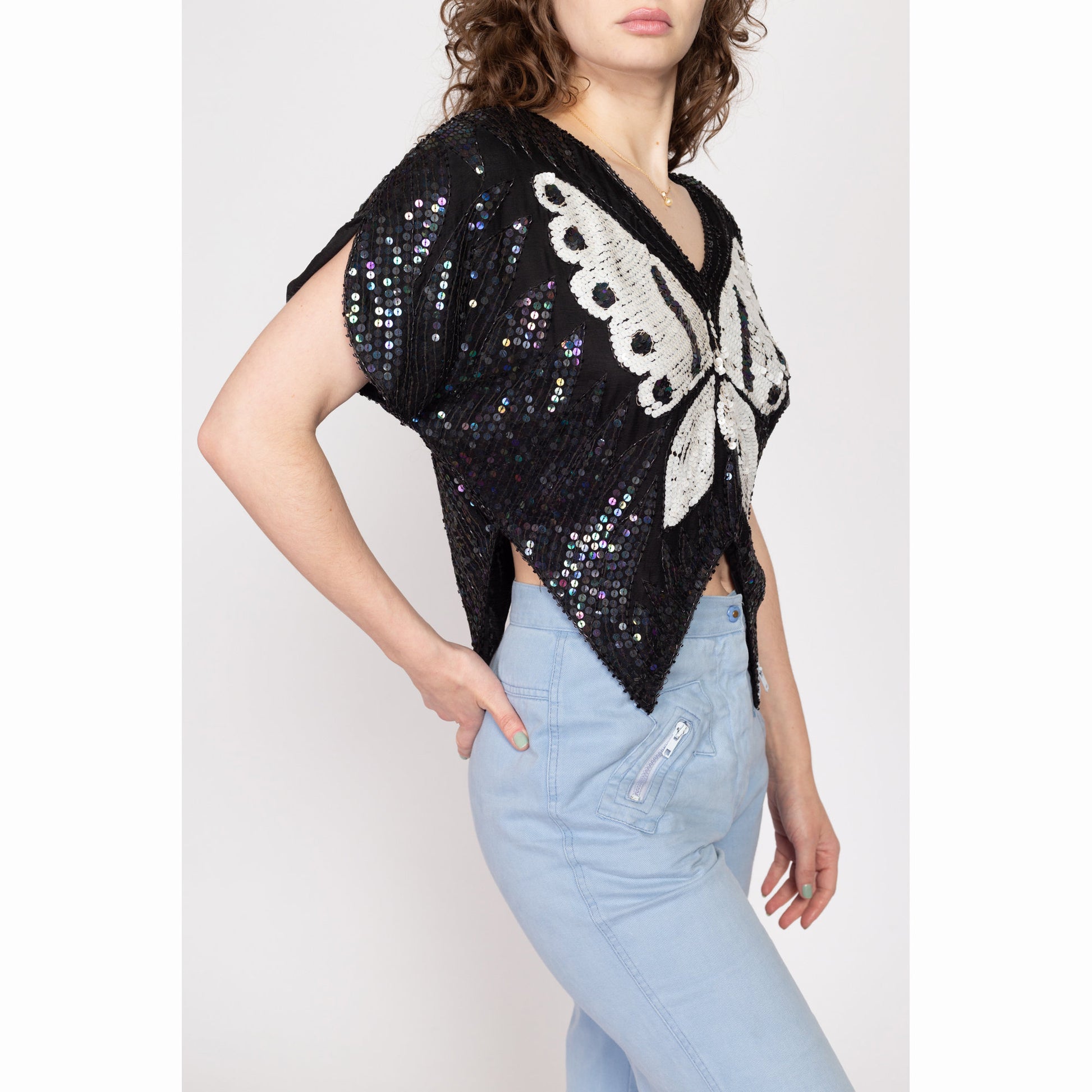 Sm-Med 80s Black & White Sequin Silk Butterfly Top | Retro Beaded Short Sleeve Disco Blouse