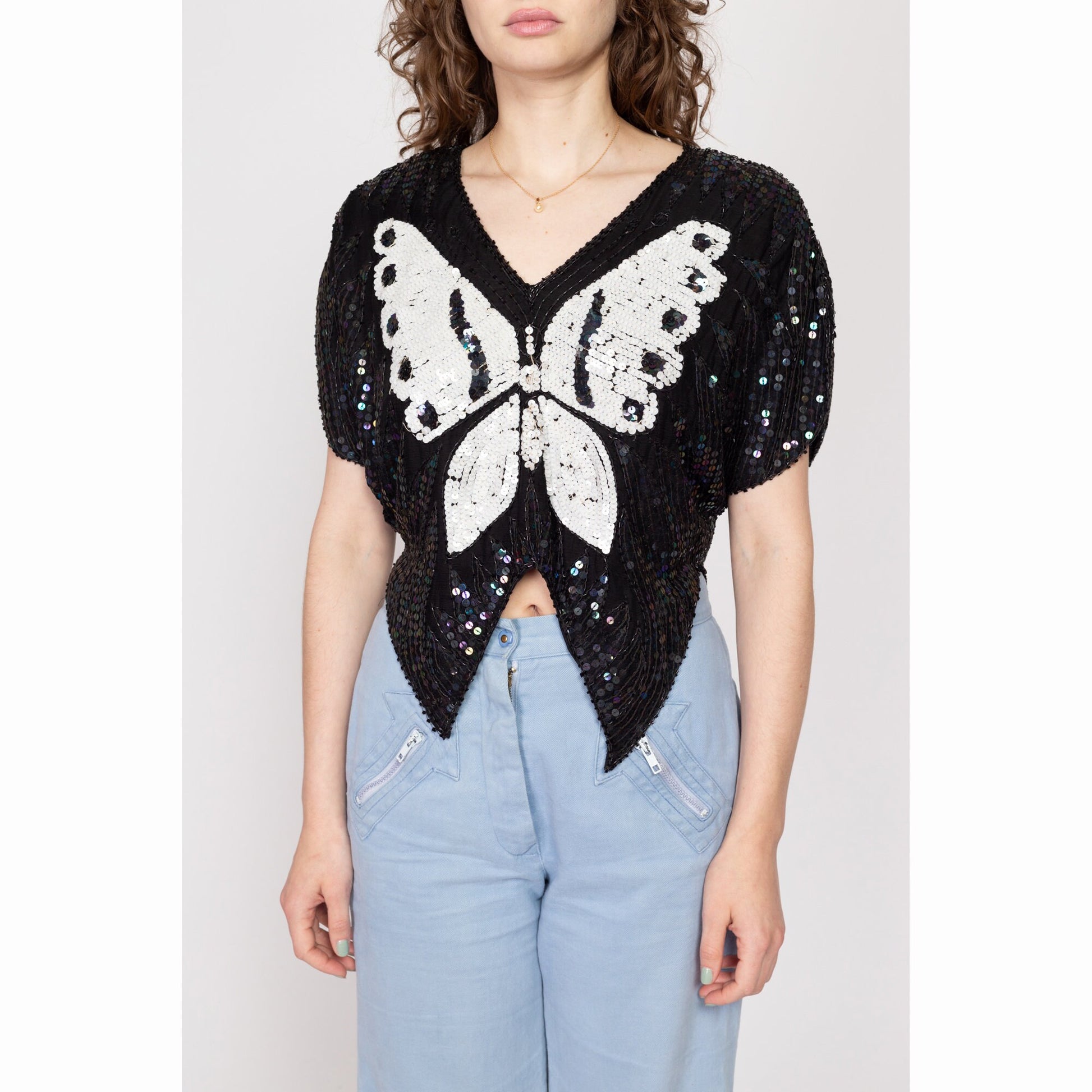 Sm-Med 80s Black & White Sequin Silk Butterfly Top | Retro Beaded Short Sleeve Disco Blouse