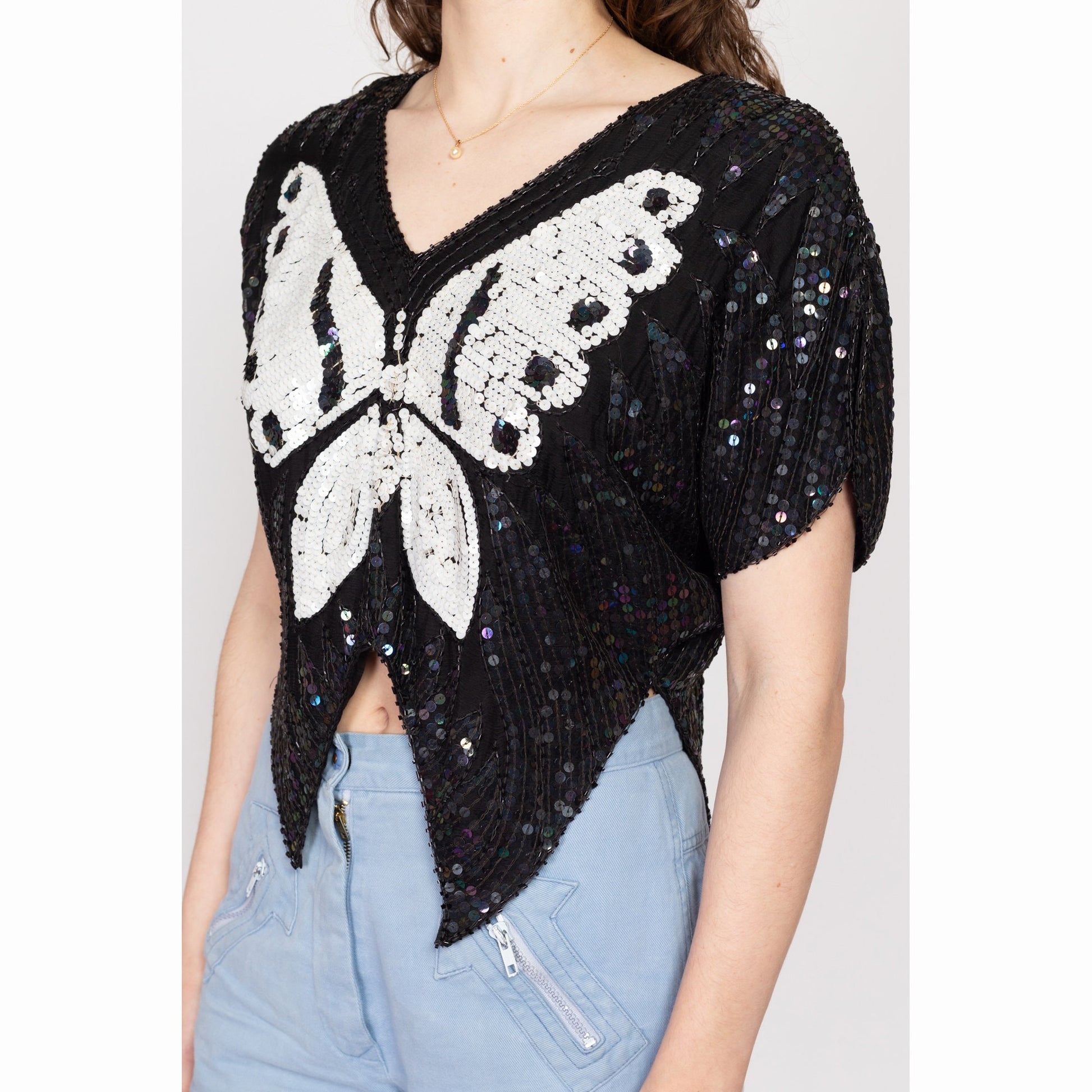 Sm-Med 80s Black & White Sequin Silk Butterfly Top | Retro Beaded Short Sleeve Disco Blouse