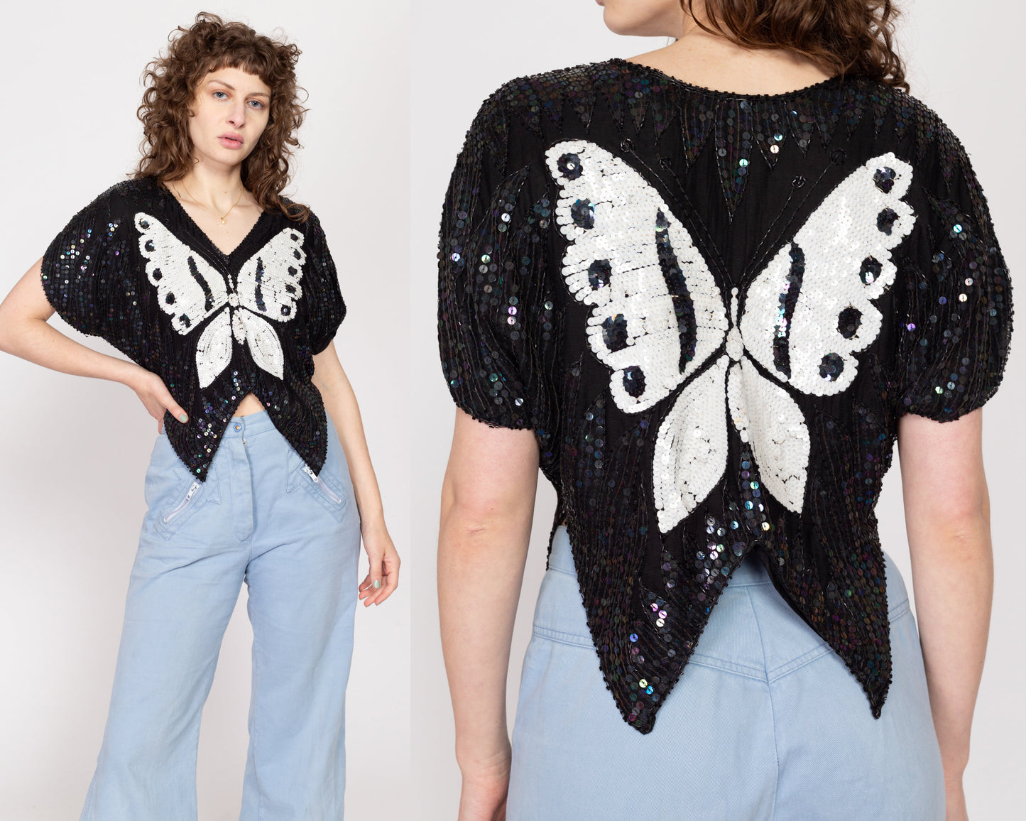 Sm-Med 80s Black & White Sequin Silk Butterfly Top | Retro Beaded Short Sleeve Disco Blouse