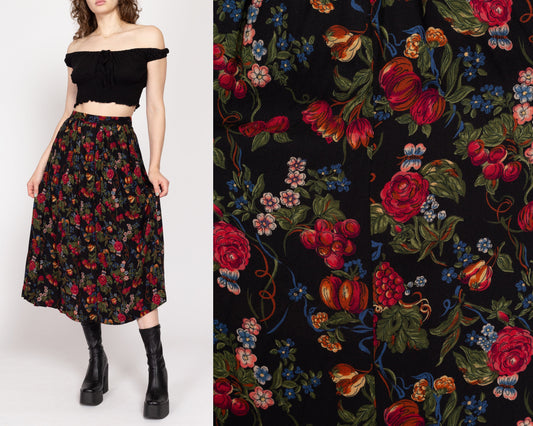 Small 80s Black Floral & Pomegranate Print Midi Skirt 27" | Vintage Boho High Waisted Novelty Print Skirt