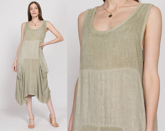 XL 90s Sage Green Linen Blend Boho Midi Dress | Vintage Sleeveless Asymmetrical Loose Bohemian Sundress