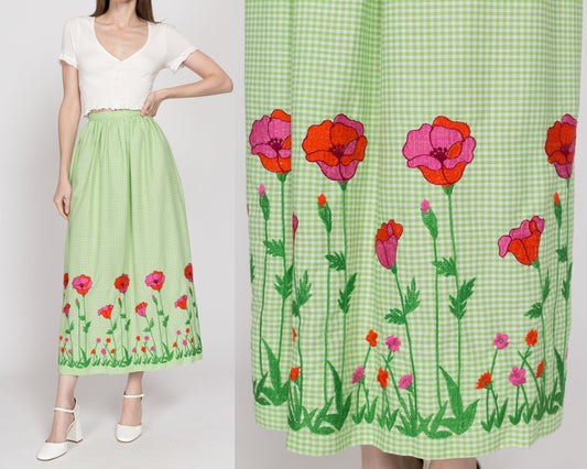 XS 70s Green Gingham Embroidered Floral Maxi Skirt | Boho Vintage Poppy Flower Long Hostess Skirt