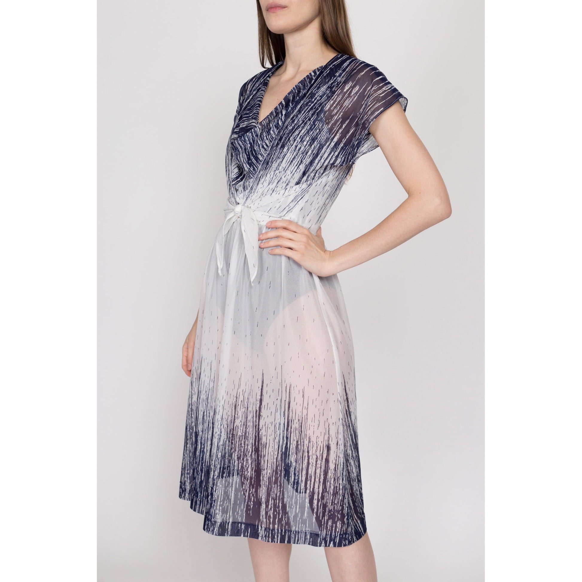 Medium 70s Sheer White Blue Midi Dress & Top | Vintage Abstract Print Cowl Neck Midi Matching Set