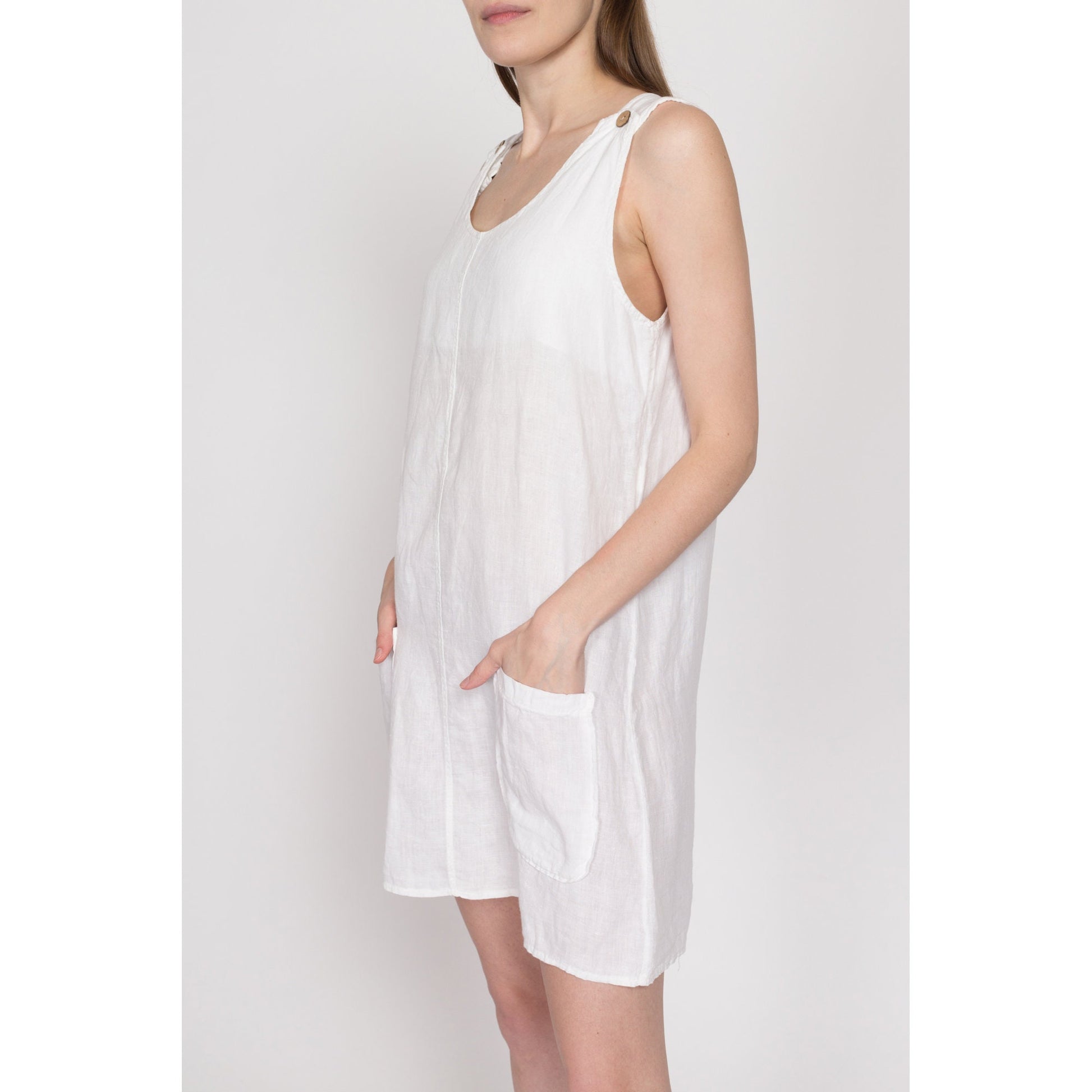 Large 90s White Linen Pinafore Mini Dress | Vintage Sleeveless Scoop Neck Overall Pocket Summer Sundress