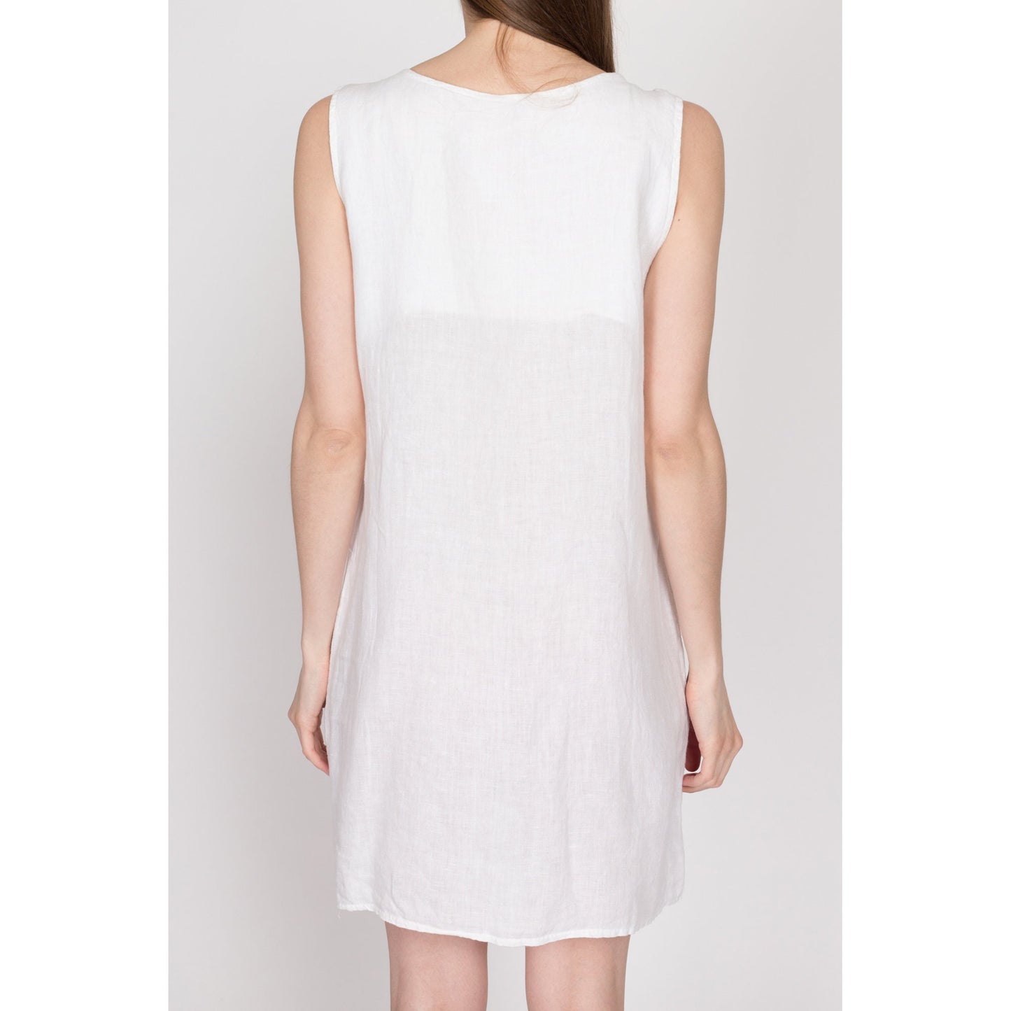 Large 90s White Linen Pinafore Mini Dress | Vintage Sleeveless Scoop Neck Overall Pocket Summer Sundress
