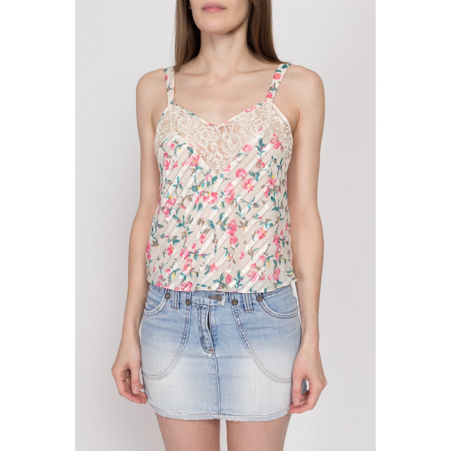 Small 90s Victoria's Secret Floral Satin Camisole | Vintage Lace Trim Lingerie Slip Crop Top Cami