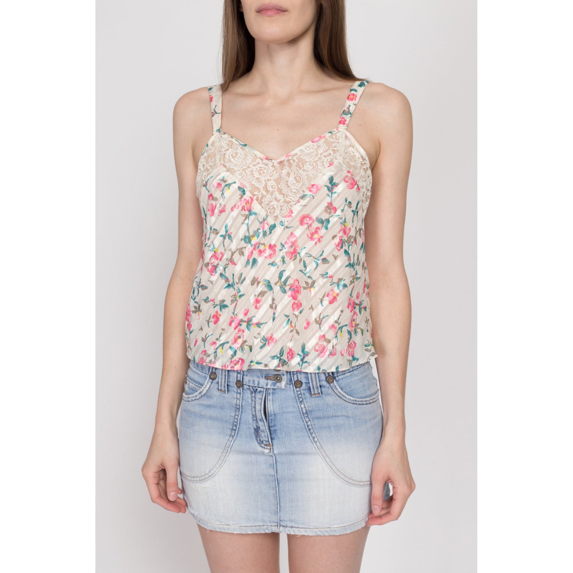 Small 90s Victoria's Secret Floral Satin Camisole | Vintage Lace Trim Lingerie Slip Crop Top Cami