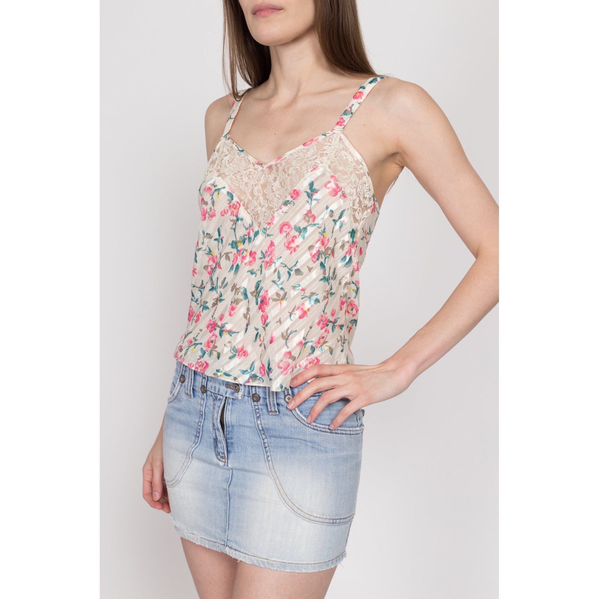 Small 90s Victoria's Secret Floral Satin Camisole | Vintage Lace Trim Lingerie Slip Crop Top Cami