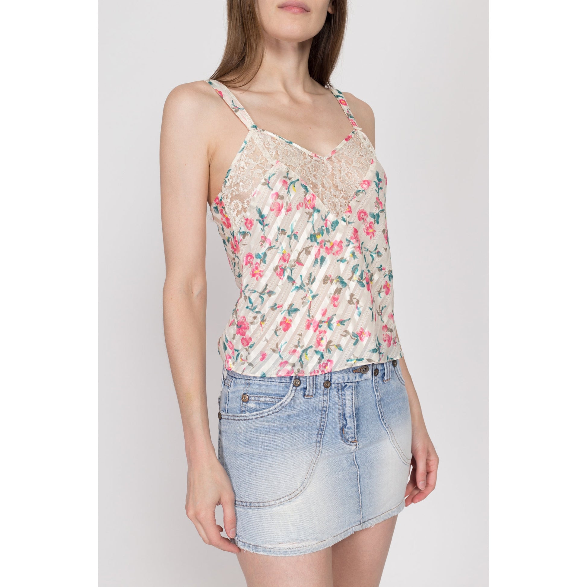 Small 90s Victoria's Secret Floral Satin Camisole | Vintage Lace Trim Lingerie Slip Crop Top Cami