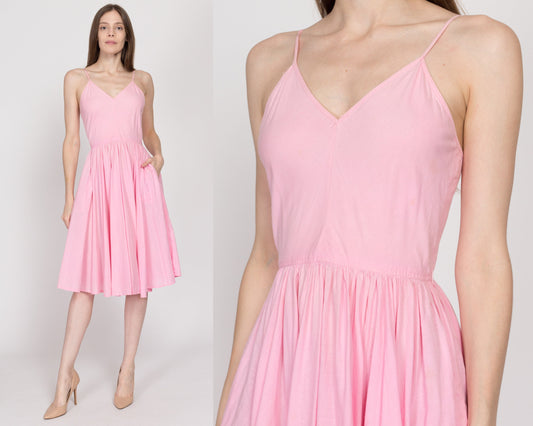 XS 60s Bubblegum Pink Fit & Flare Pocket Dress | Retro Vintage Spaghetti Strap Midi Sundress