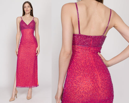 XS 90s Hot Pink Beaded Silk Evening Gown | Vintage Bodycon Spaghetti Strap Formal Maxi Party Dress