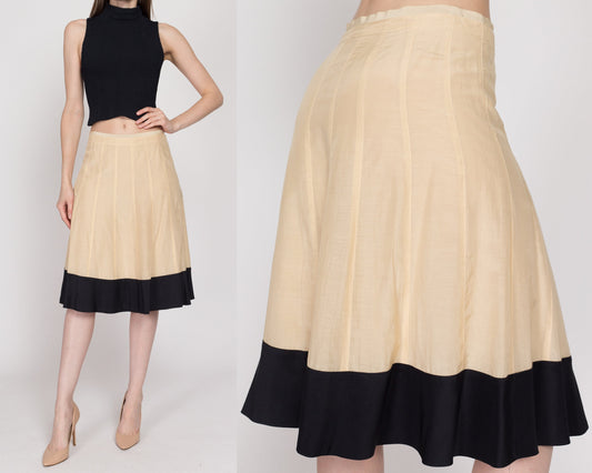 XS 90s Banana Republic Two Tone Silk Blend Midi Skirt | Vintage Tan Black Mid Rise A Line Minimalist Skirt