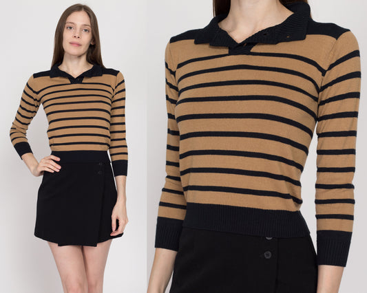XXS Y2K Brown & Black Striped Knit Sweater Top | Vintage 3/4 Sleeve Lightweight Fitted Collared Pullover