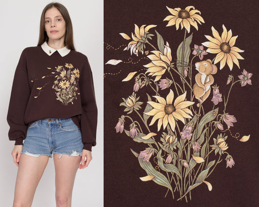 Large 90s Mouse & Flower Graphic Collared Sweatshirt | Vintage Brown Windy Floral Pullover