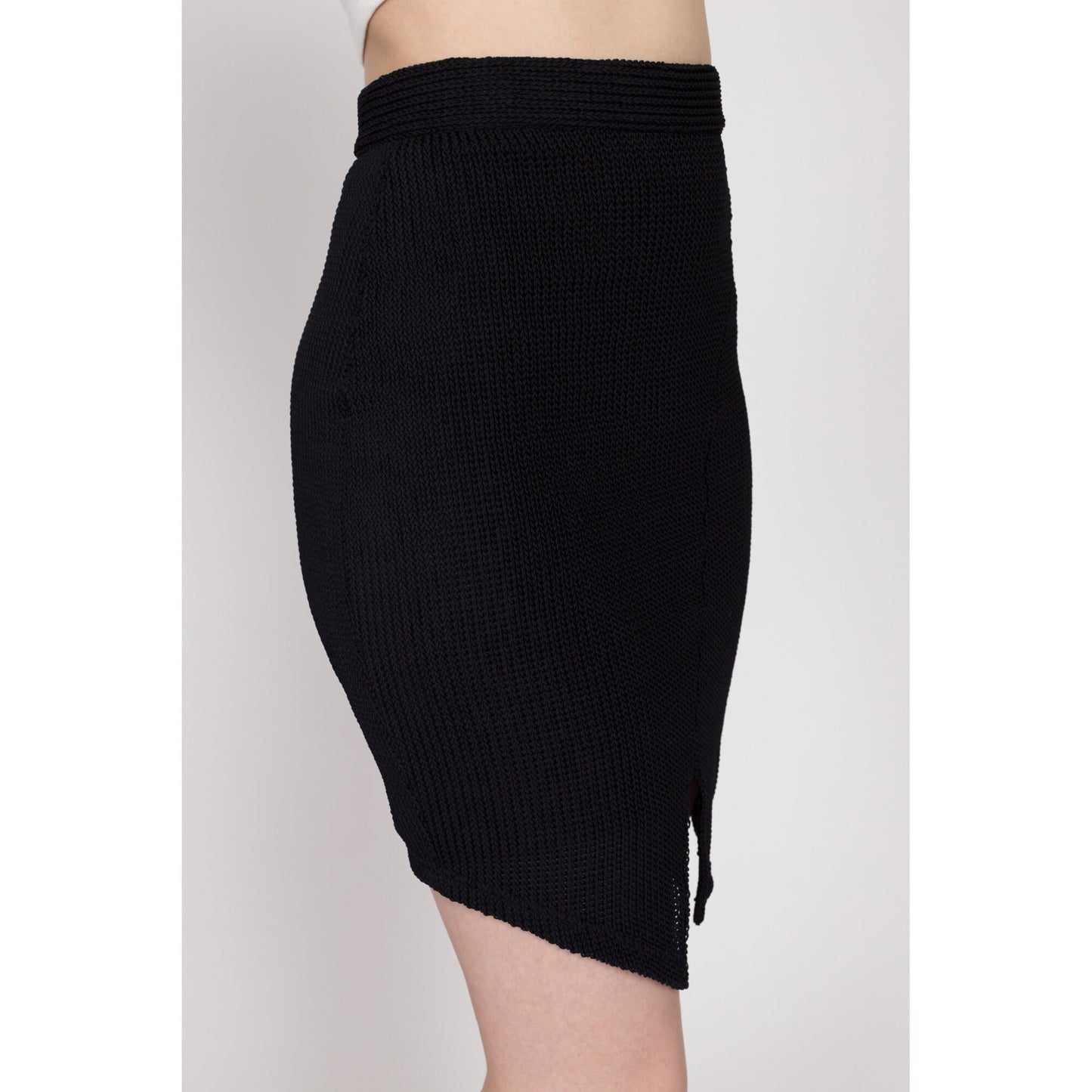 XS 90s Black Knit Fitted Mini Skirt | Vintage High Waisted Asymmetrical Stretchy Skirt