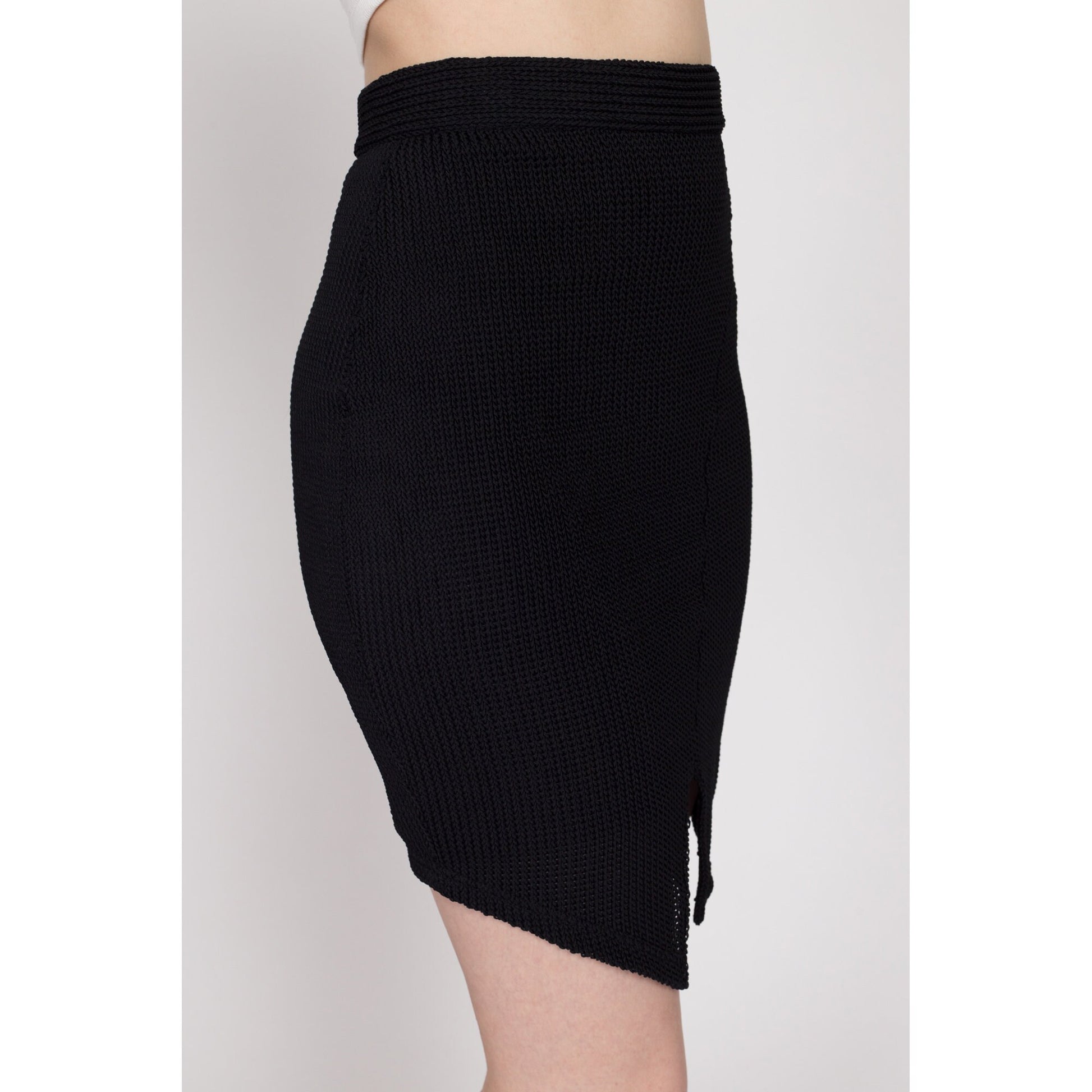 XS 90s Black Knit Fitted Mini Skirt | Vintage High Waisted Asymmetrical Stretchy Skirt