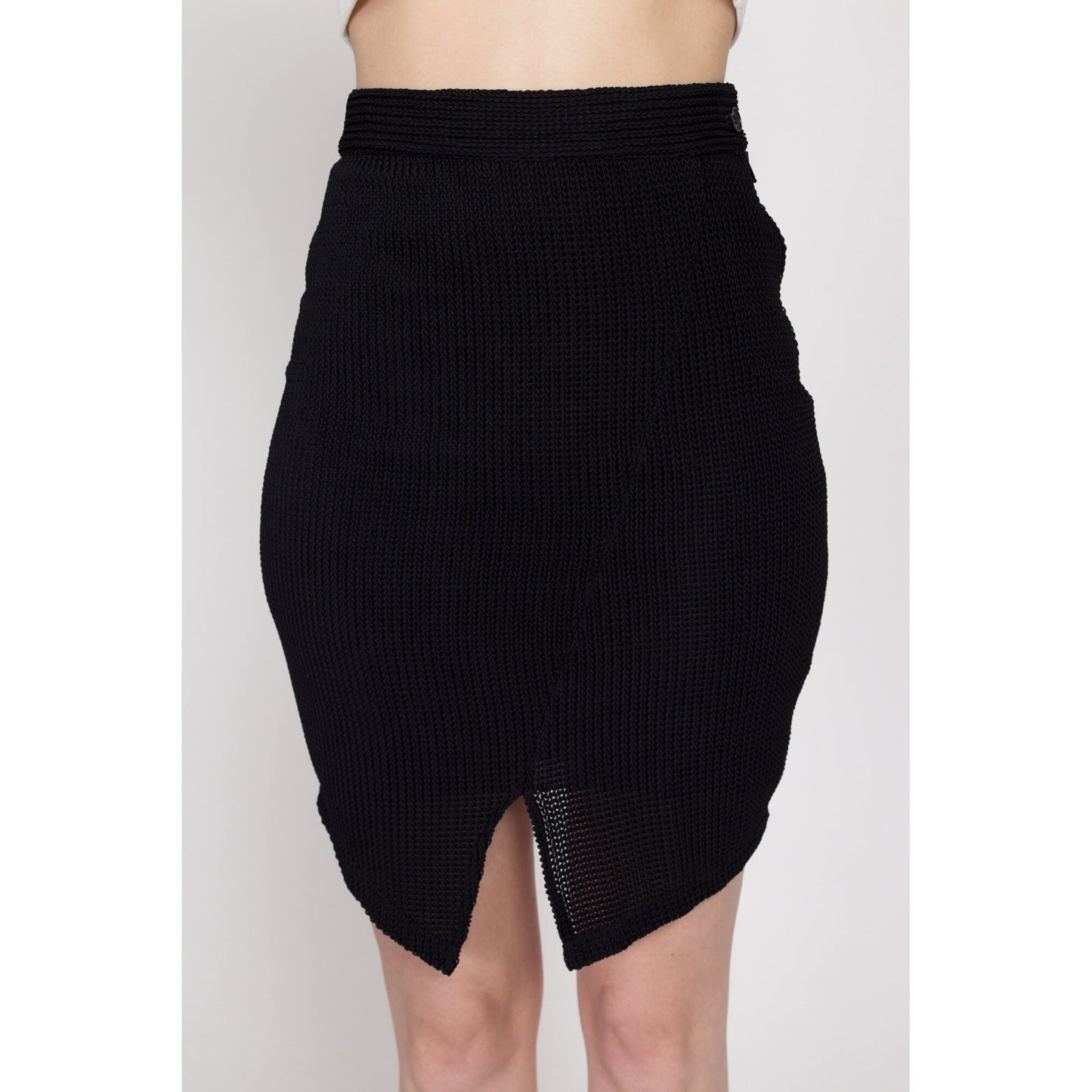 XS 90s Black Knit Fitted Mini Skirt | Vintage High Waisted Asymmetrical Stretchy Skirt
