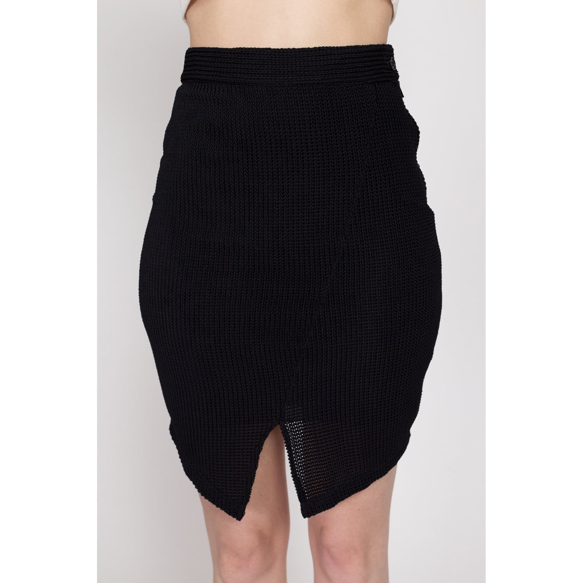 XS 90s Black Knit Fitted Mini Skirt | Vintage High Waisted Asymmetrical Stretchy Skirt