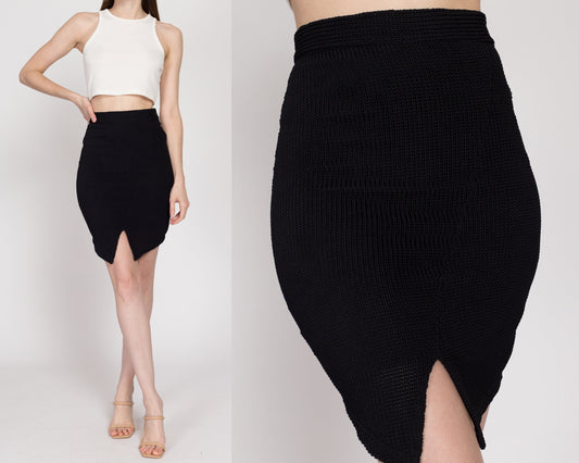 XS 90s Black Knit Fitted Mini Skirt | Vintage High Waisted Asymmetrical Stretchy Skirt