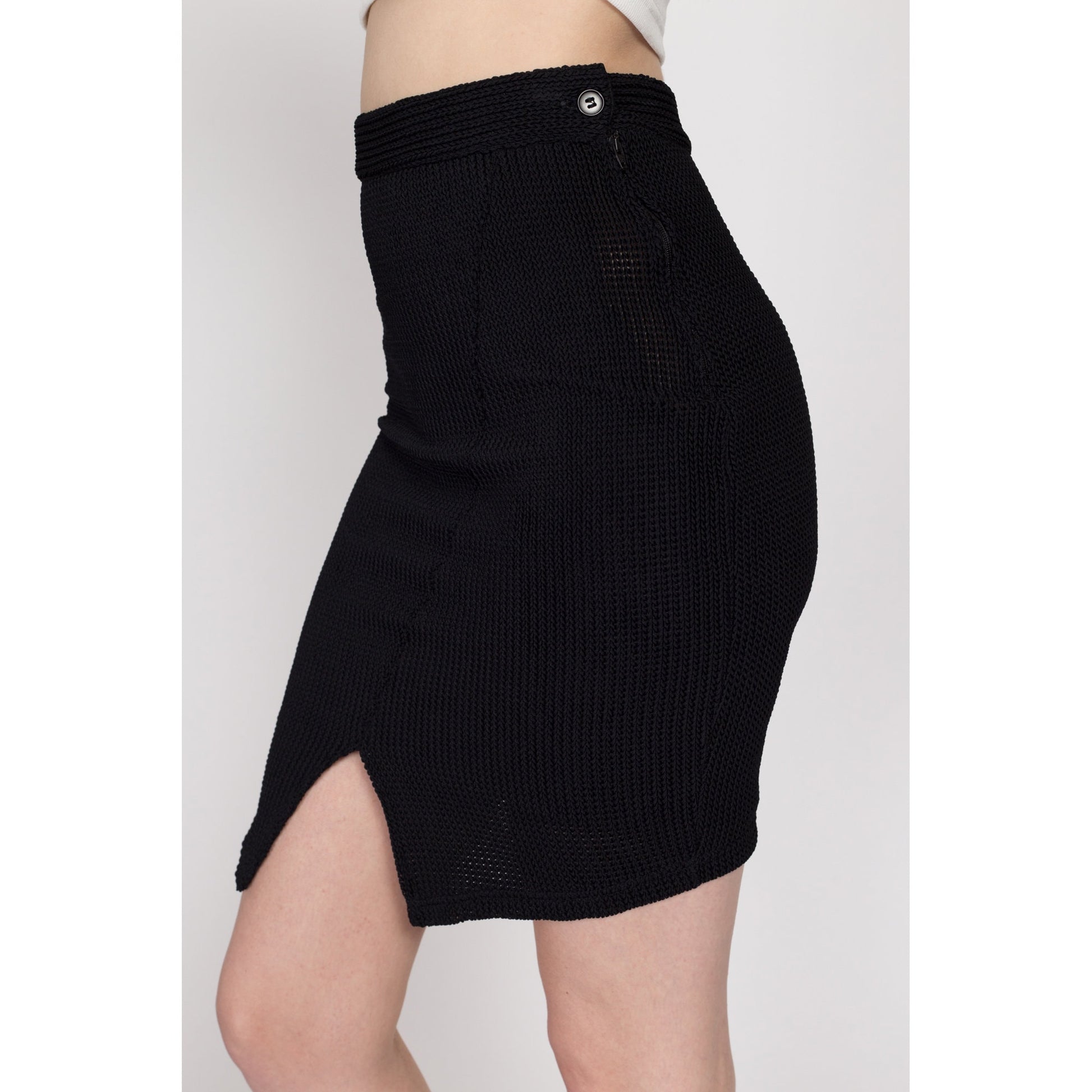 XS 90s Black Knit Fitted Mini Skirt | Vintage High Waisted Asymmetrical Stretchy Skirt