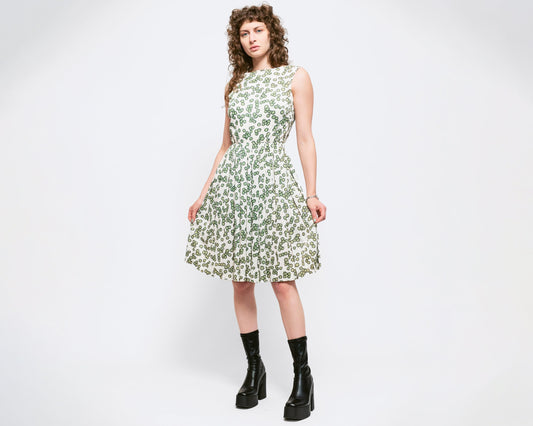 Small 60s Olive Novelty Print Fit & Flare Dress | Retro Vintage Fred Rothschild Sleeveless Pleated Sundress