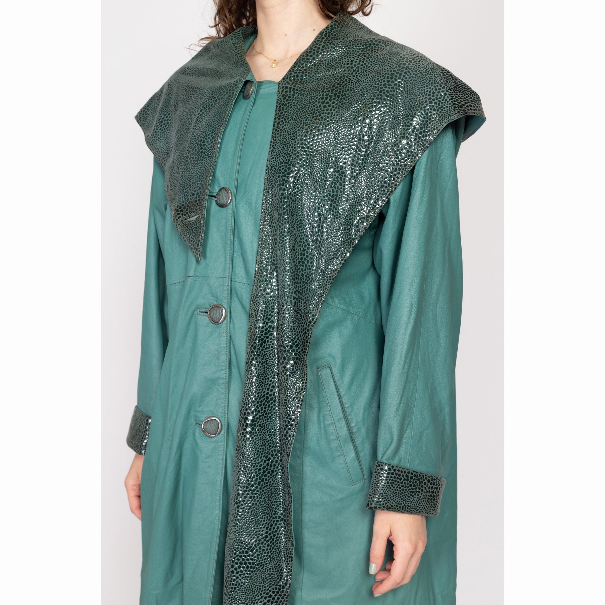 XL 80s Sage Green Snakeskin Leather Hooded Jacket Flying Apple Vintage