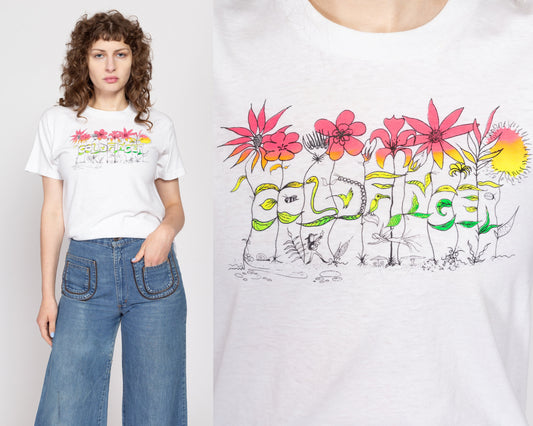Med-Lrg 80s Coldfinger Flower Garden Graphic T Shirt | Vintage White Floral Novelty Print Band Tee