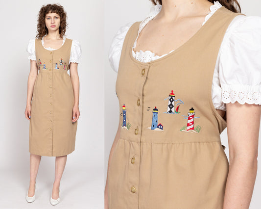 Petite Large 90s Khaki Lighthouse Embroidered Midi Pinafore Dress | Vintage Tan Sleeveless Novelty Apron Dress
