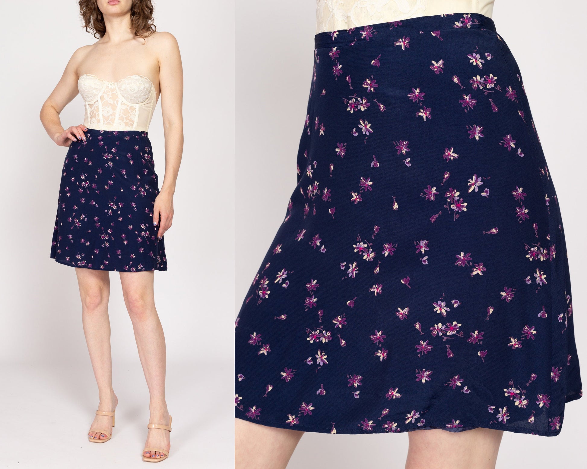 Medium 90s Navy Blue Floral Grunge Mini Skirt 27.5" | Vintage Flowy High Waisted Summer Skirt