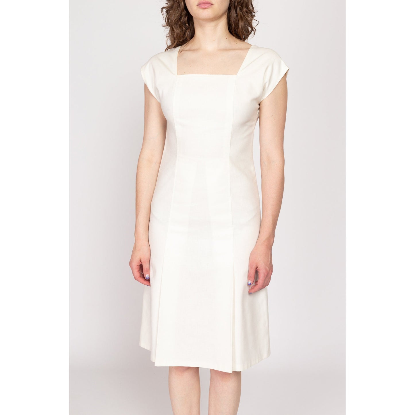 Small 70s White Minimalist Midi Dress | Vintage Square Neck Cap Sleeve A Line Linen Look Dress
