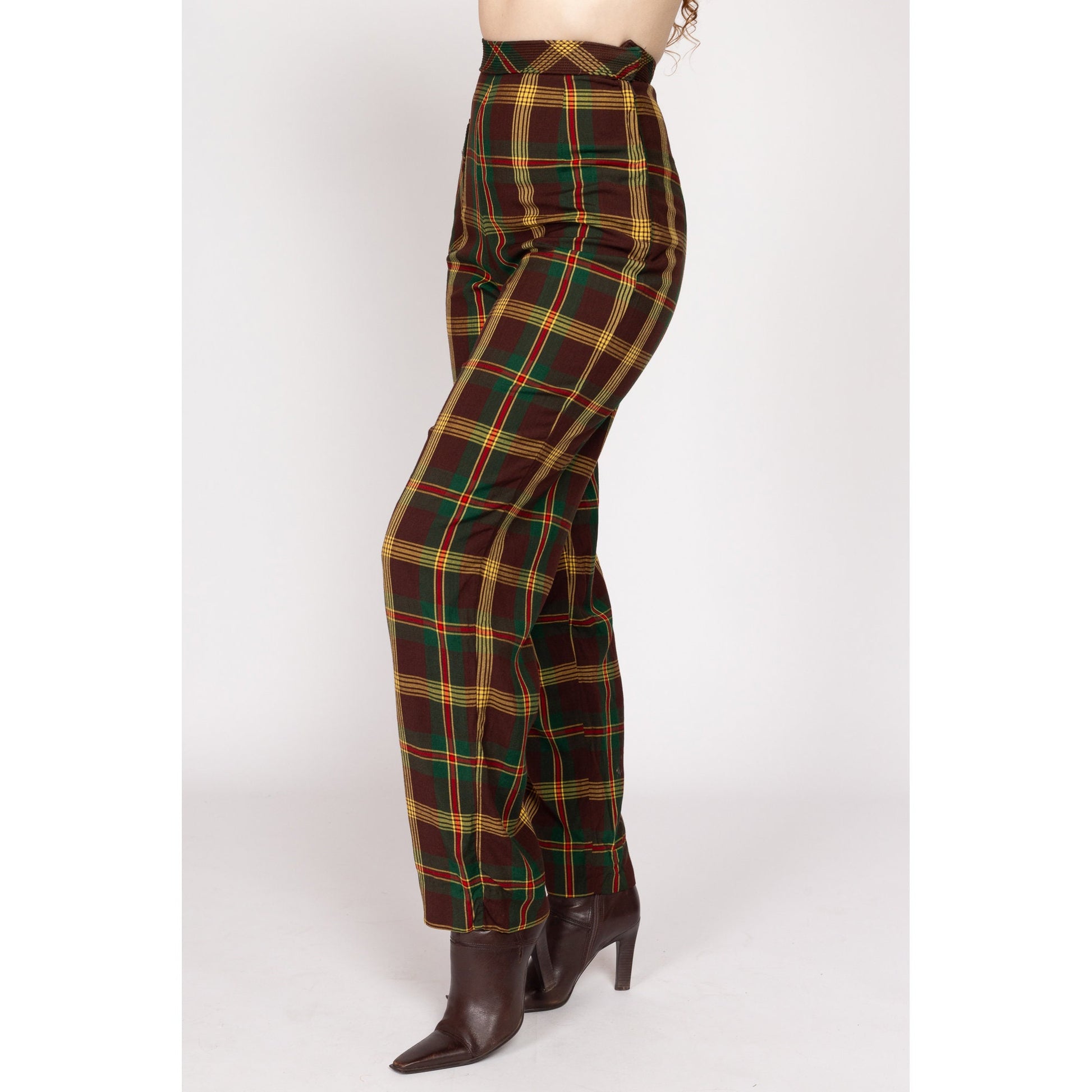 XS 1940s Koret Plaid High Waisted Girdlslax Side Zip Trousers 24" | Retro Vintage 40s Brown Yellow Tapered Leg Pants