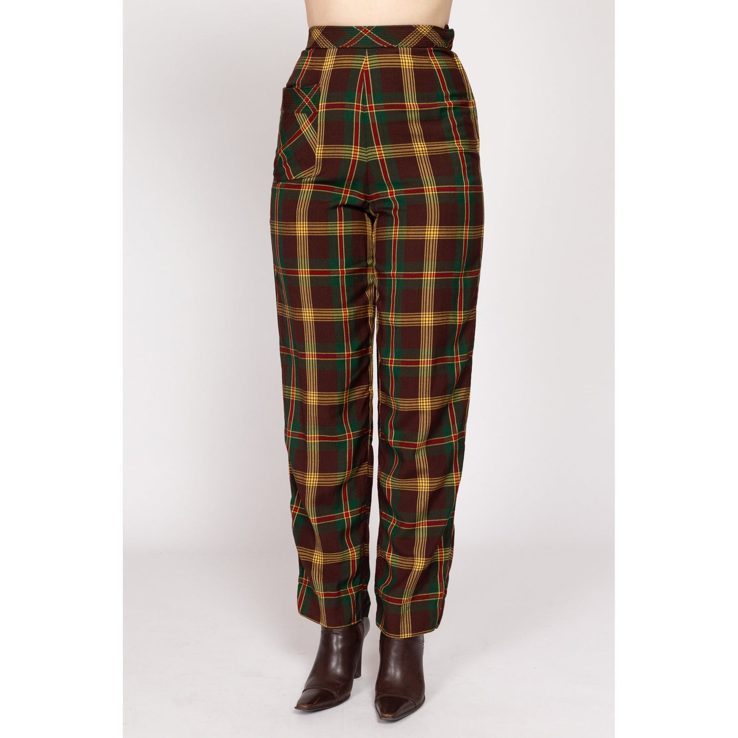 XS 1940s Koret Plaid High Waisted Girdlslax Side Zip Trousers 24" | Retro Vintage 40s Brown Yellow Tapered Leg Pants