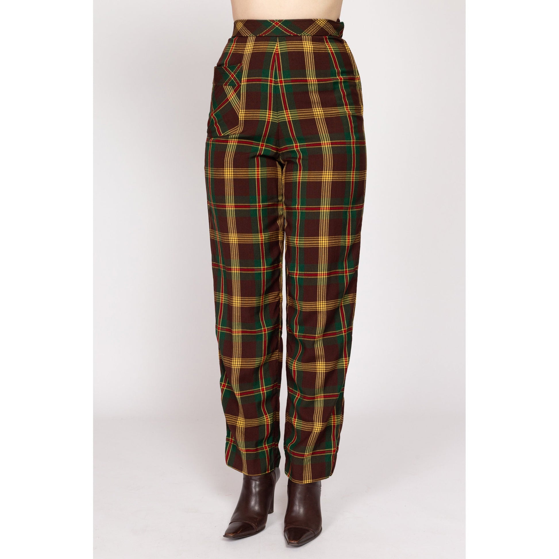 XS 1940s Koret Plaid High Waisted Girdlslax Side Zip Trousers 24" | Retro Vintage 40s Brown Yellow Tapered Leg Pants