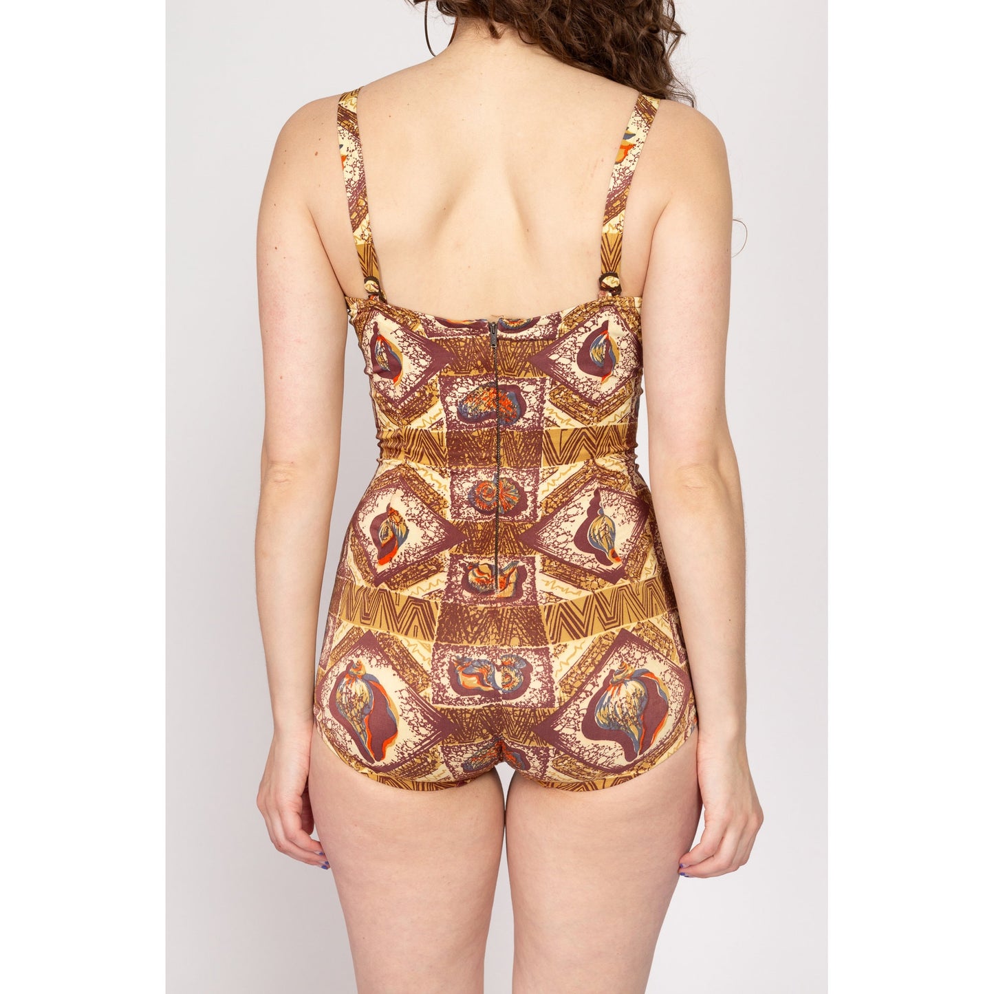 Small 1940s Catalina Seashell Novelty Print One Piece Swimsuit | Vintage 40s 50s California Hand Prints Retro Swimwear Pinup Bathing Suit