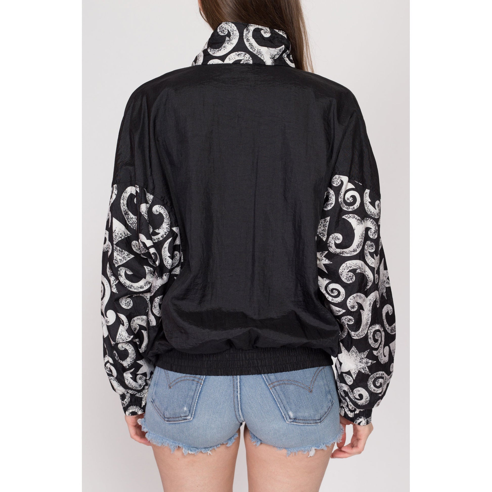Medium 90s Black & White Swirl Color Block Windbreaker | Vintage Spalding Lightweight Zip Up Track Jacket