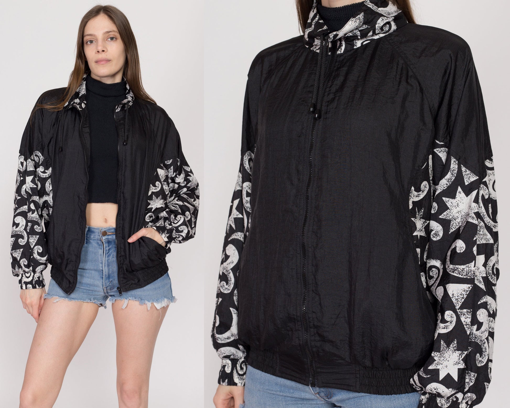 Medium 90s Black & White Swirl Color Block Windbreaker | Vintage Spalding Lightweight Zip Up Track Jacket