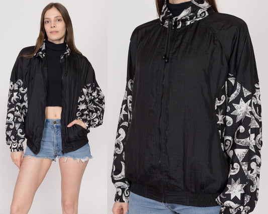 Medium 90s Black & White Swirl Color Block Windbreaker | Vintage Spalding Lightweight Zip Up Track Jacket