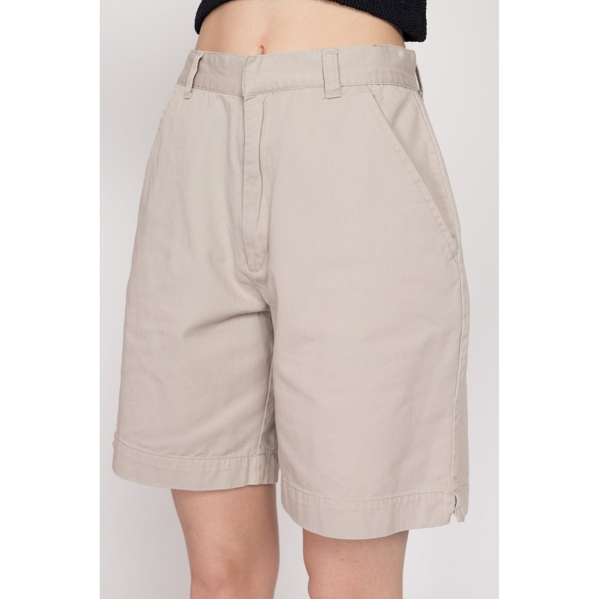 Small 90s Khaki High Waisted Shorts 26.5" | Vintage Cotton Minimalist Mom Shorts