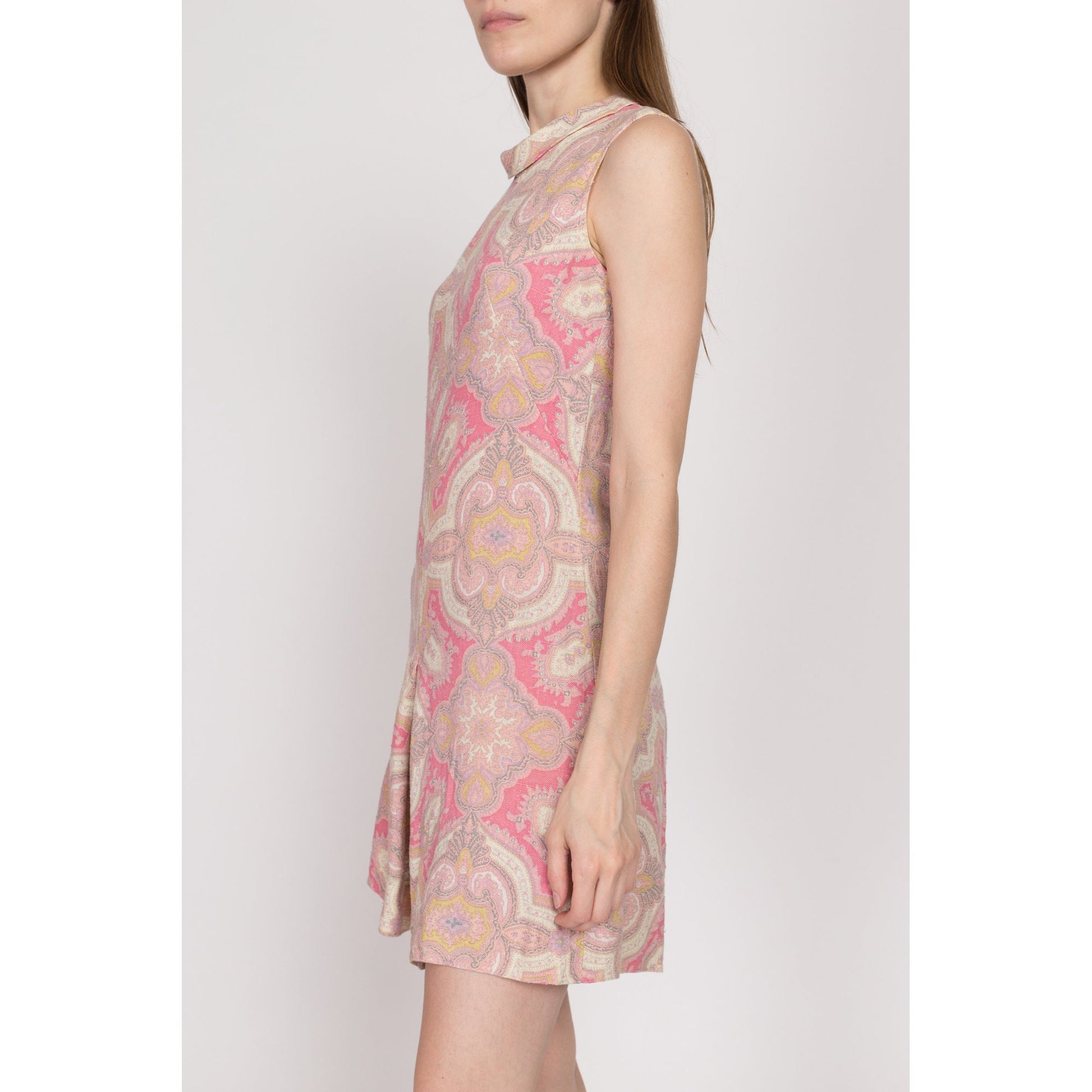 Small 60s Pink Paisley Print Romper | Vintage Woven Foldover Collar Retro Sleeveless Mini Playsuit