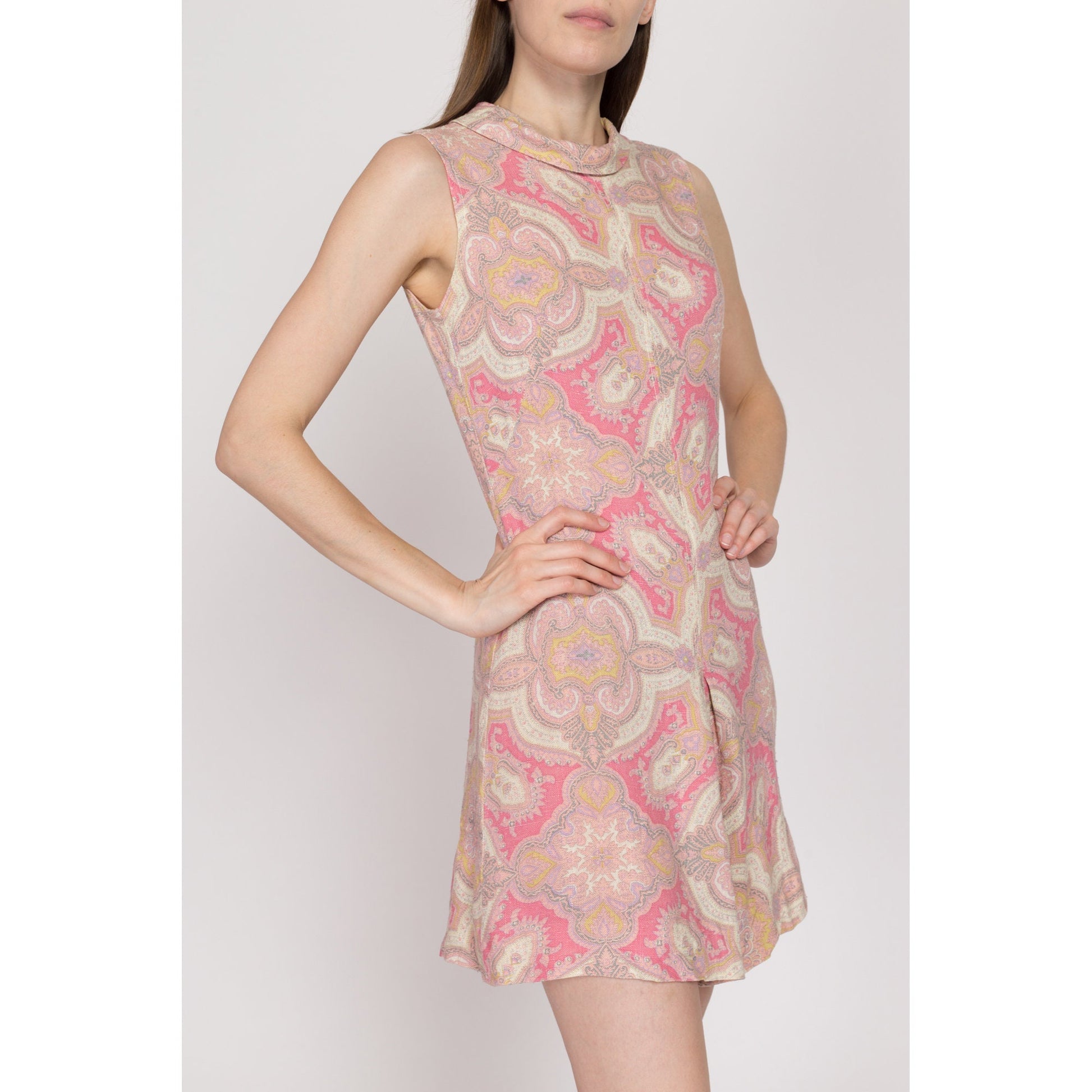 Small 60s Pink Paisley Print Romper | Vintage Woven Foldover Collar Retro Sleeveless Mini Playsuit