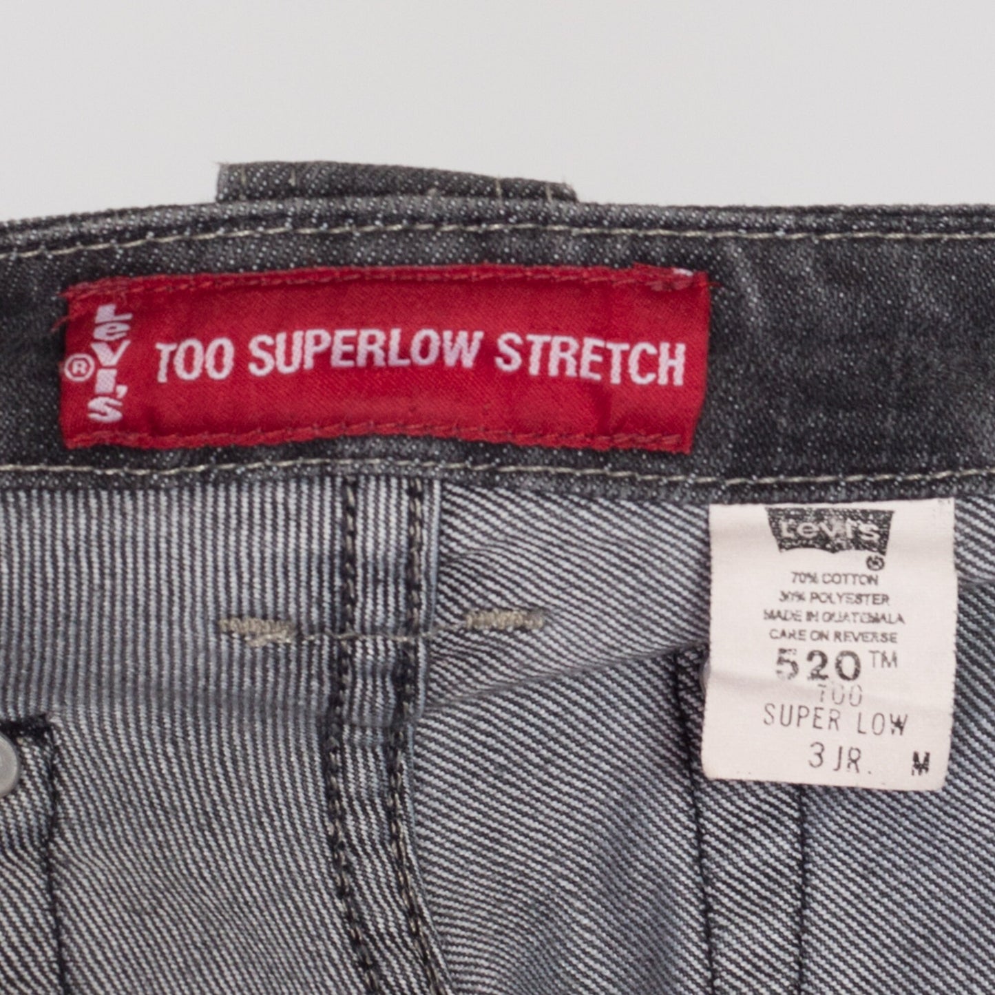 XS Y2K Levis Low Rise Flared Grey Denim Jeans | Vintage 2000s Levi's 520 Too Superlow Stretch Bootcut Jeans
