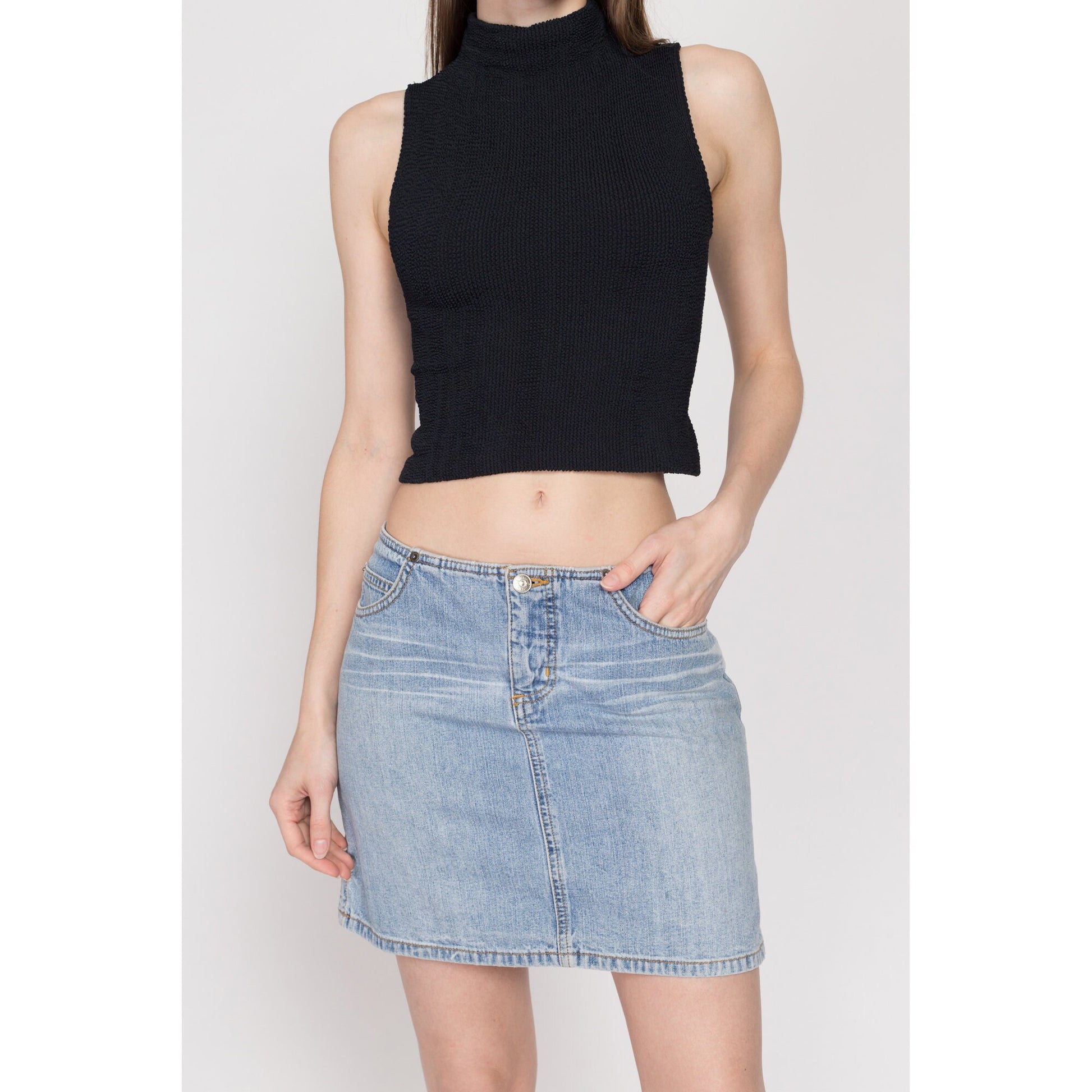 Small Y2K Low Rise Jean Mini Skirt | Vintage Faded Light Wash Denim A Line No Waist Miniskirt