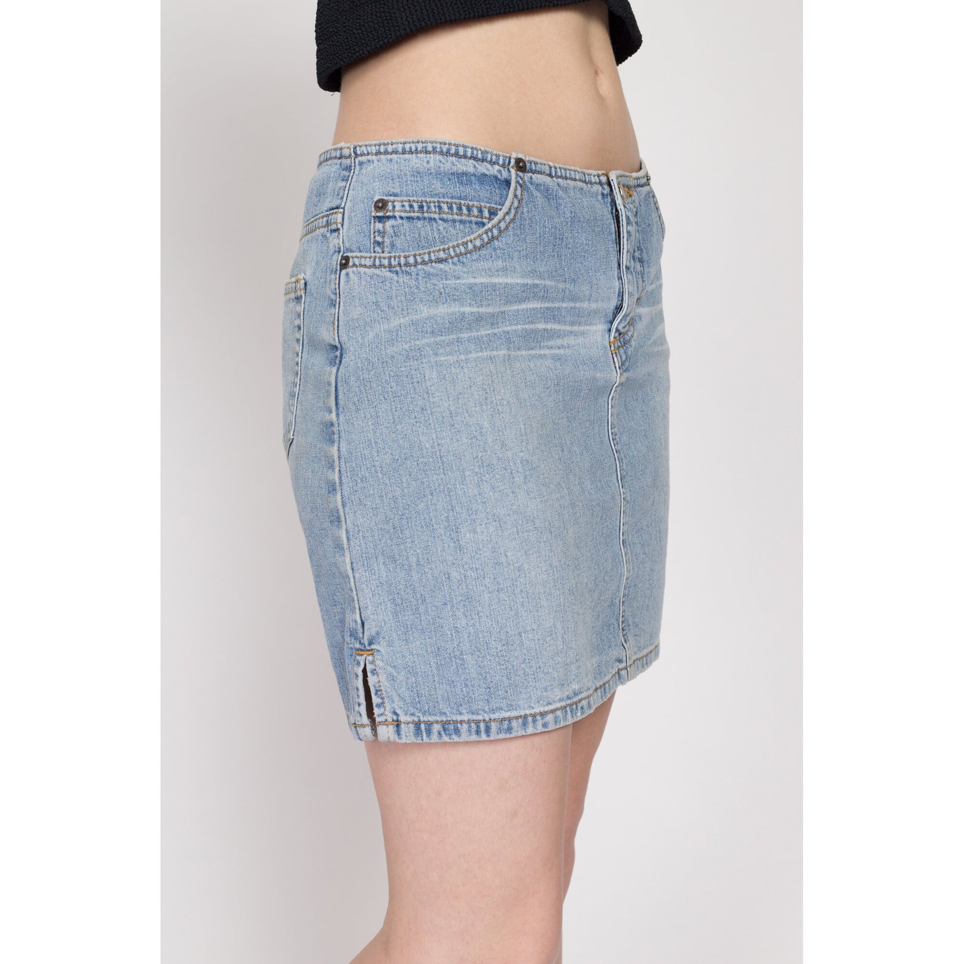 Small Y2K Low Rise Jean Mini Skirt | Vintage Faded Light Wash Denim A Line No Waist Miniskirt
