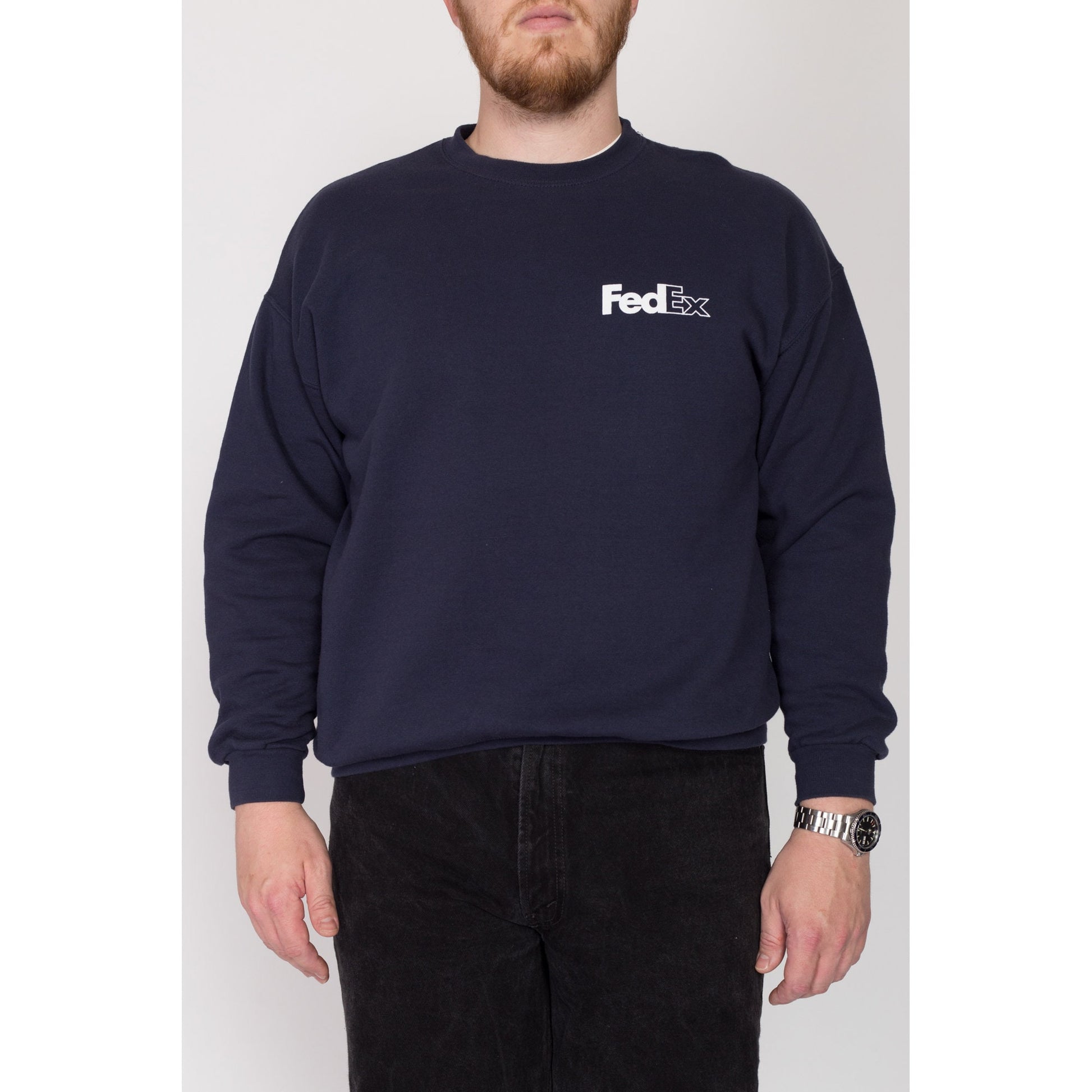 XL 90s Fed Ex Sweatshirt | Vintage Navy Blue Brand Logo Crewneck Pullover