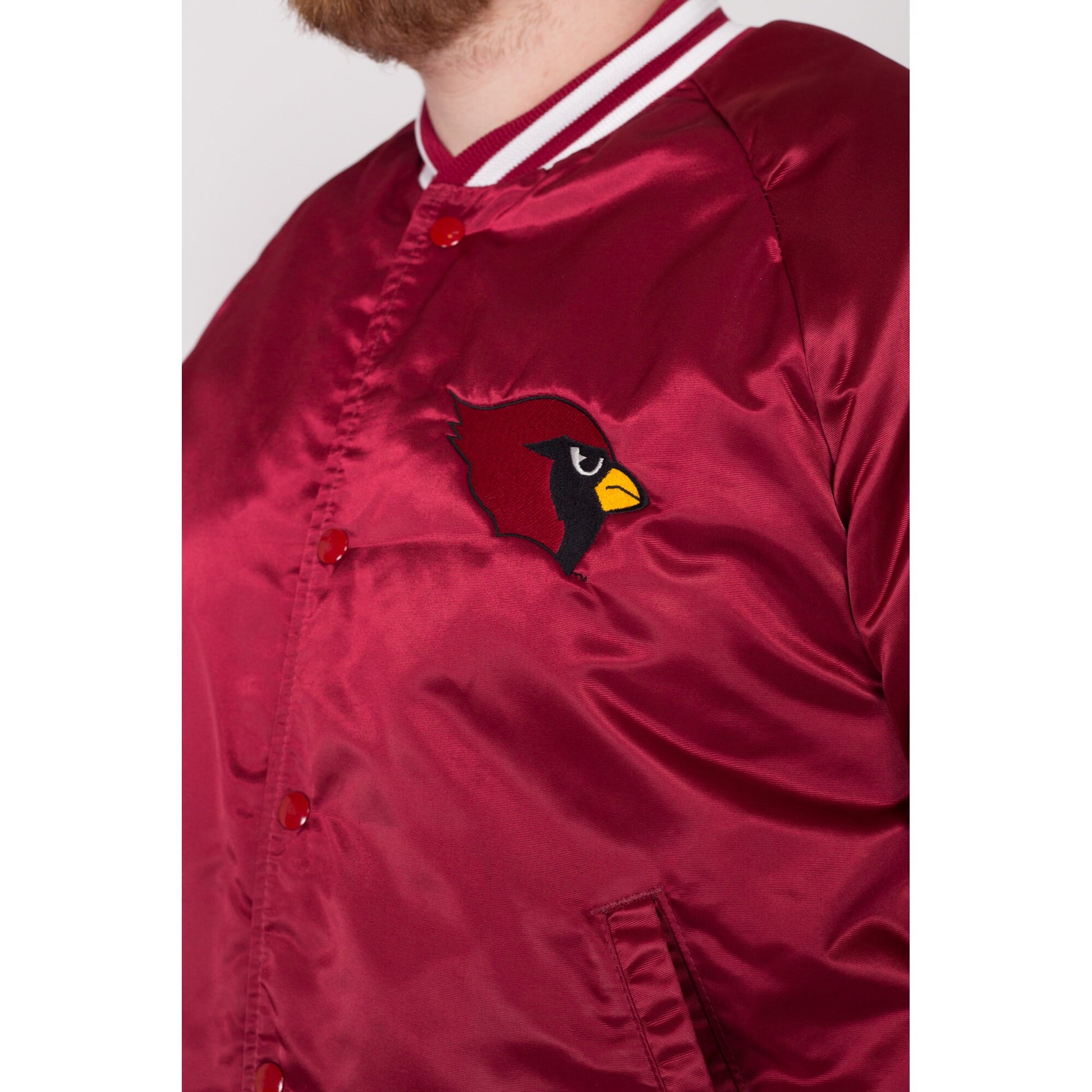 Large 80s Arizona Cardinals NFL Satin Bomber Jacket | Vintage Football Cardinal Red Snap Button Athletic Varsity Windbreaker